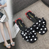 Women Open Toe Sandals Flats Summer Fashionable Chunky Heel Polka Dot Bow Sandals