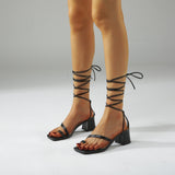 White Strappy Heels Women's Shoes Thick High Heel Toe Covering Lace-up Outdoor Sandals