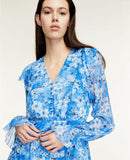 Kendall Jenner Wedding Guest Dress V-neck Blue Hydrangea Printed Fashion Casual Slit Mid-Length Temperament