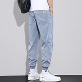 Cuffed Cargo Pants Tencel Cropped Jeans Summer Loose Tappered Breathable Thin Casual Ice Silk Workwear Pants Men