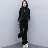 Velour Tracksuit Autumn Wide Leg Pants Stand Collar Loose Sweater Two-Piece Set