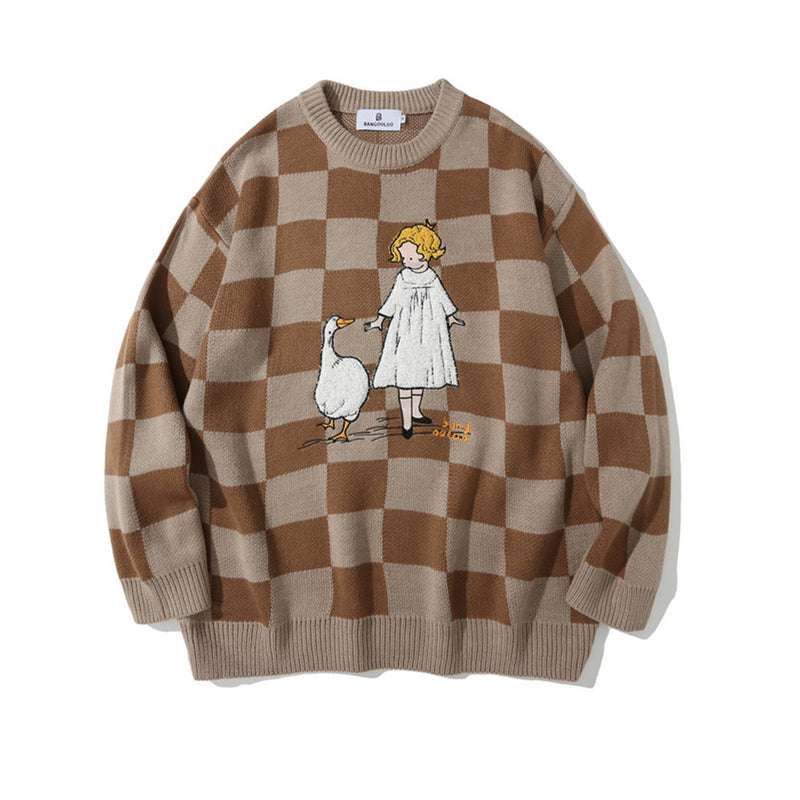 Men Sweater Plaid Sweater Men's Loose round Neck Sweater Trendy Brand Pullover
