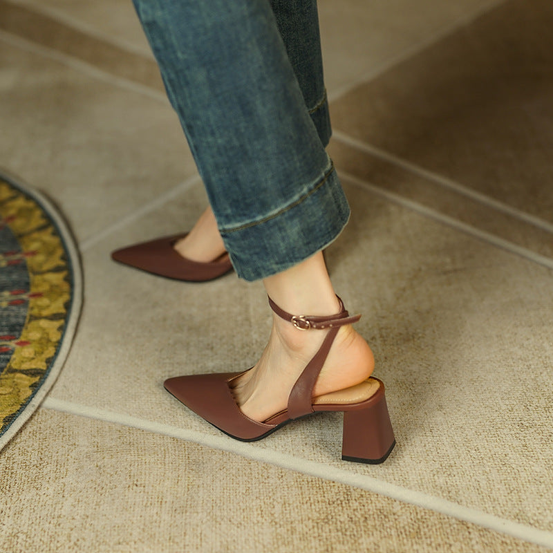 Nude Low Block Heel Chic Buckle Toe Cap Pointed Toe