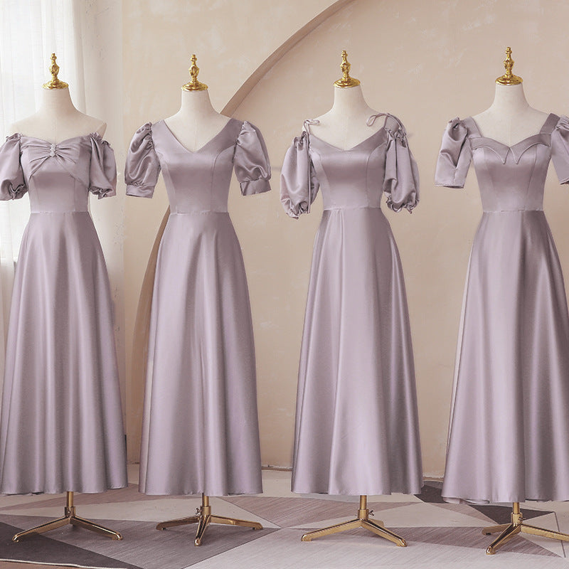 Mauve Dress Bridesmaid Satin Bridesmaid Dress Winter Purple Puff Sleeve