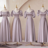 Mauve Dress Bridesmaid Satin Bridesmaid Dress Winter Purple Puff Sleeve