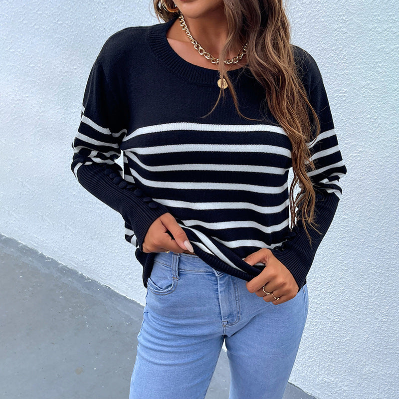 Women Pullover Knit Sweater Autumn and Winter Women's Knitwear Button Contrast Color Striped Sweater for Women