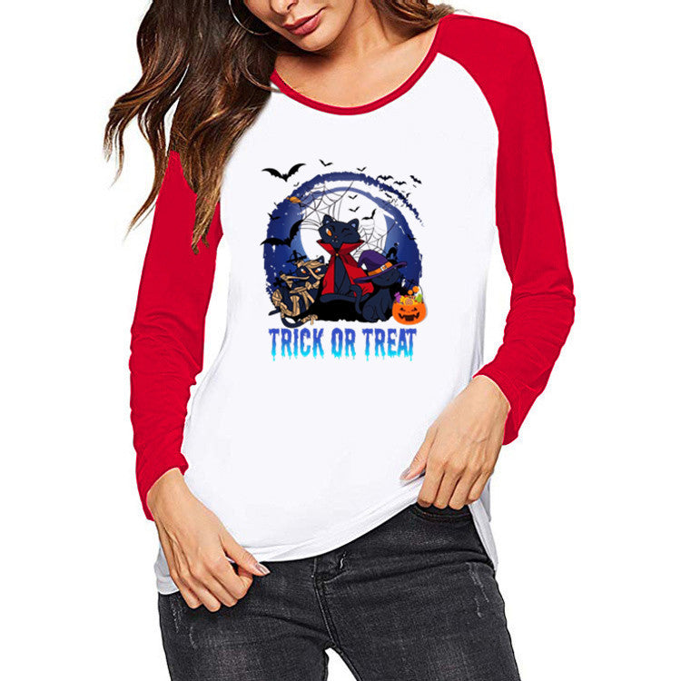 Halloween Costumes Pattern Printed Raglan Color Contrast Long Sleeve T-shirt Women