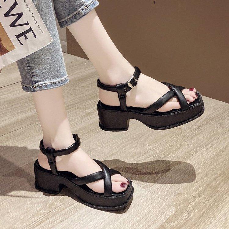 High Heels Slippers Summer Chunky Heel Open Toe with Buckle High Heel Roman Style Shoes