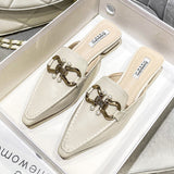Finn Chain Pointed Toe Mule Beige Square Toe Muller Shoes Closed Toe Half Slippers Women's Shoes Thick Heel Outer Mary Jane Sandals