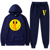 Vlone Hoodie & Pants 2 Piece Men'S Spring And Autumn Print Smiley Pullover Sweater