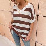 Women Pullover Knit Sweater Women's Autumn V-neck Striped Short Sleeve Sweater