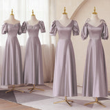 Mauve Dress Bridesmaid Satin Bridesmaid Dress Winter Purple Puff Sleeve