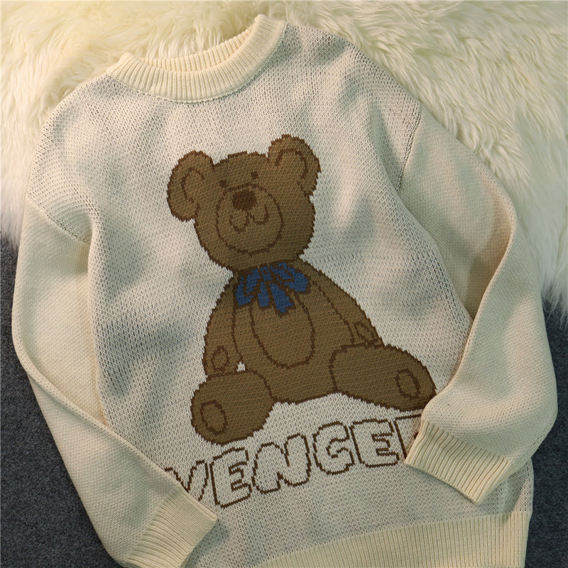 Men Sweater Cartoon Bear Brocade Sweater Men's Street Fashion Loose Long Sleeve