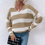 Women Pullover Knit Sweater Autumn and Winter Striped Stitching Sweater for Women