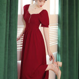 Coachella Music Festival Outfits Women's Retro Red Slim Slimming Short Sleeve Square Collar Dress