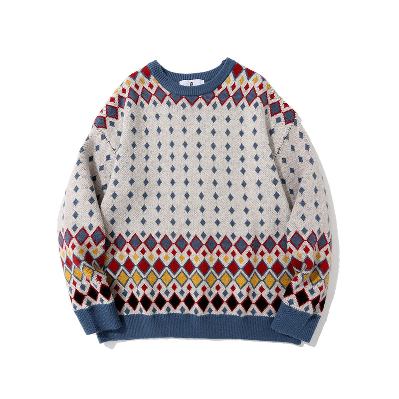 Men Sweater Color Block Rhombus Brocade Sweater Men's Long Sleeve Pullover