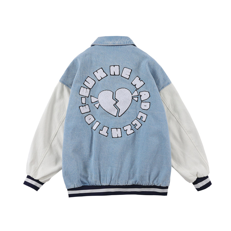 Valentine's Day Jacket Hip Hop Retro Baseball Uniform Loose Stitching Denim Jacket