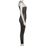Summer Women's Sexy Mesh Flocking Leopard Print One-Shoulder High Waist Tight Sports Jumpsuit