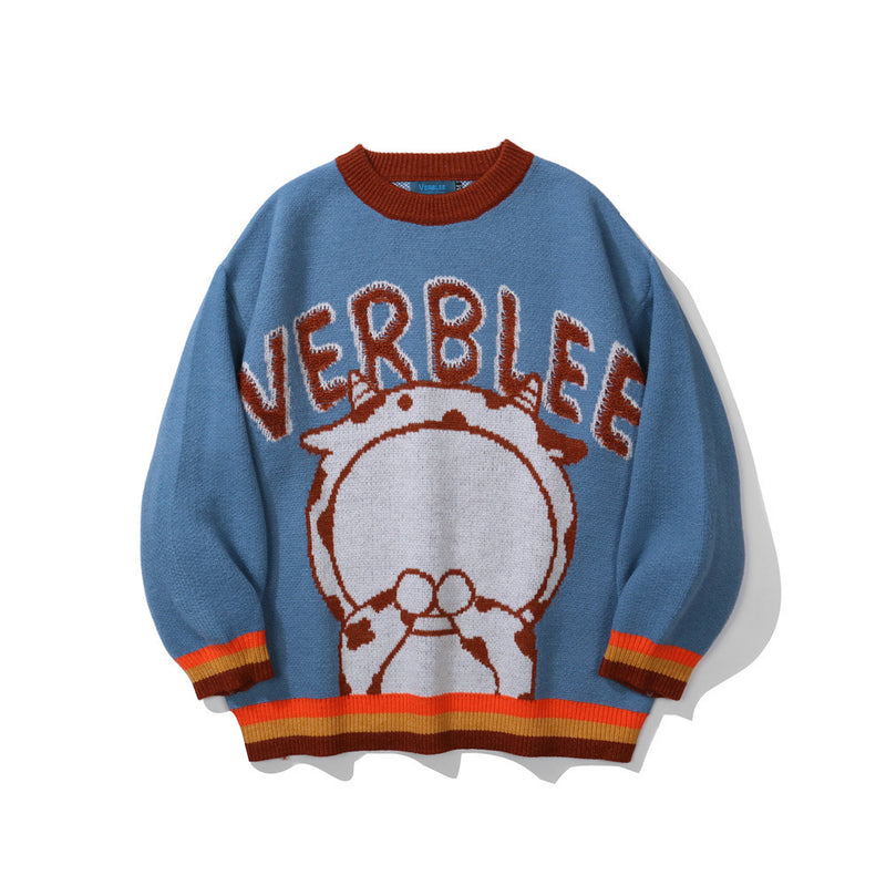 Men Sweater Cartoon Jacquard Color Matching Sweater Men's Street Fashion Loose