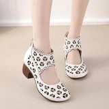 Highway Flat Sandals Summer Hollow Mid Heel Fashion Retro Mom Leather Shoes