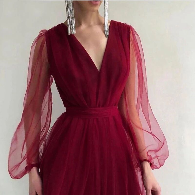 Burgundy Dress Formal Dress Women's Vintage Burgundy Lantern Sleeve