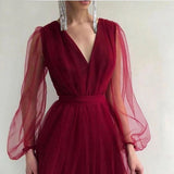 Burgundy Dress Formal Dress Women's Vintage Burgundy Lantern Sleeve