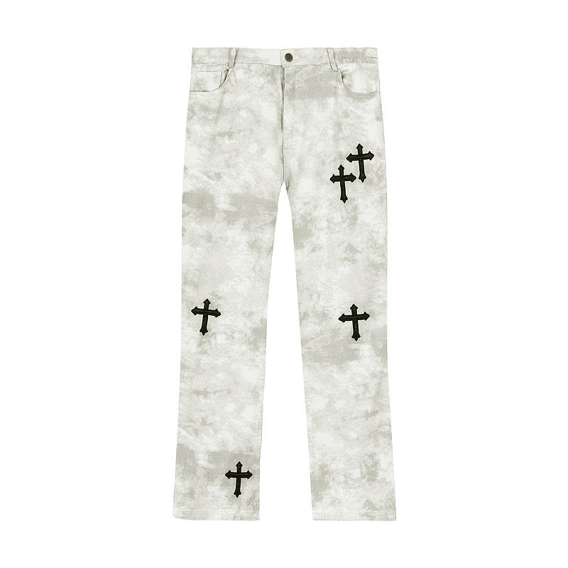 Man Fall Outfits Hip Hop Letter Paint-Splashing Style Graffiti Jeans Loose Straight Trousers