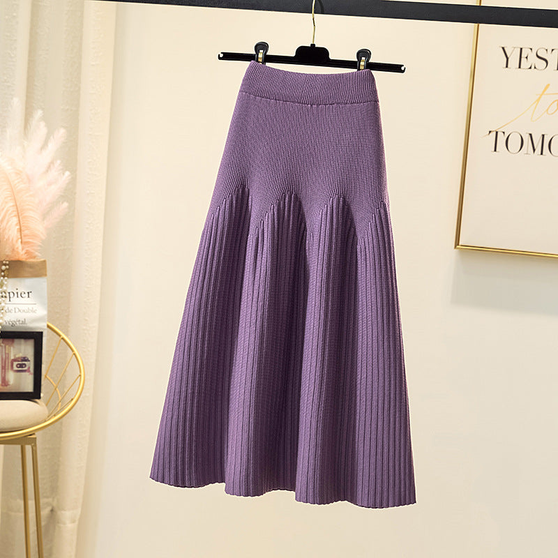 MIDI Mauve Skirt Thickened Knitting Women's Autumn and Winter Skirt