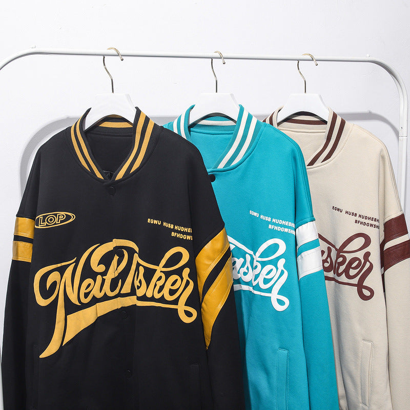 Man Fall Outfits Vintage Letter Print Quilted Baseball Jacket Men's Casual Jacket