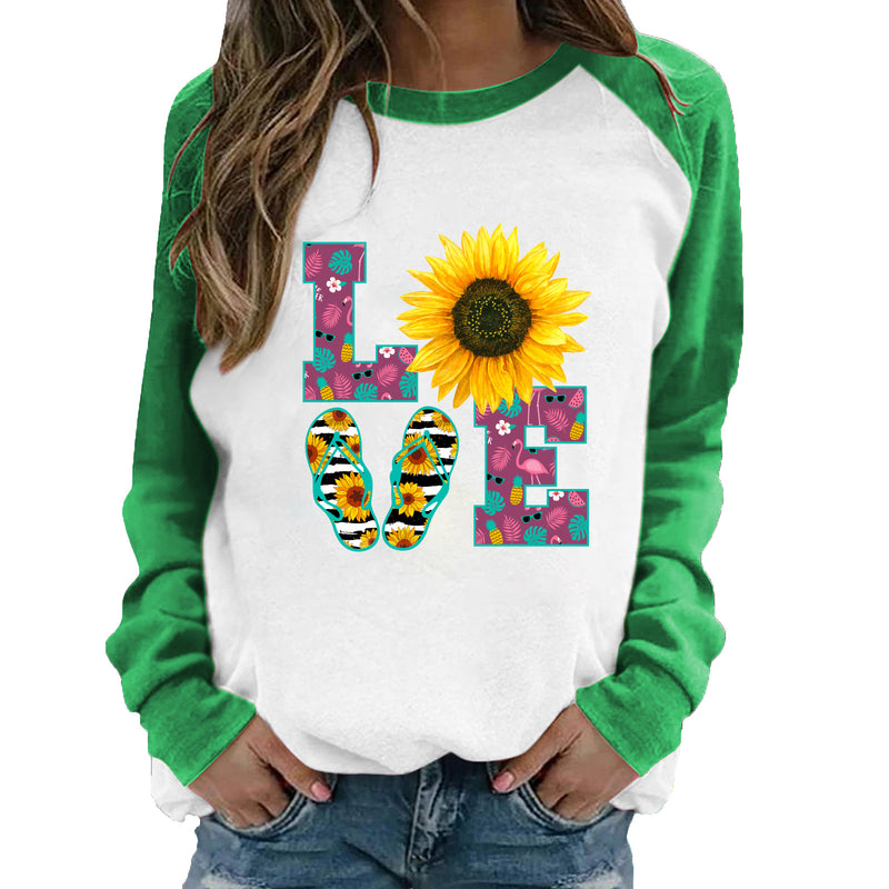 Valentine's Day T Shirt Autumn Love Sunflower Printed round Neck Long Sleeve