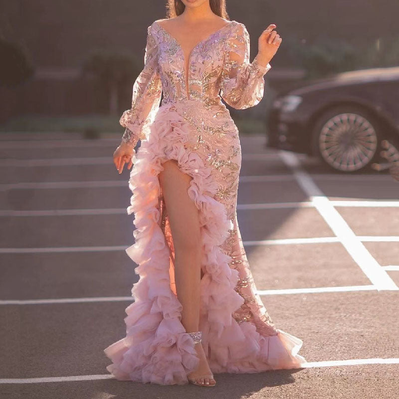 Long Homecoming Dresses Sexy Hip Sequin Pink Mesh Evening Dress
