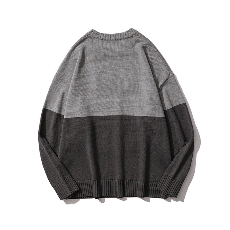 Men Sweater Cartoon Bear Jacquard Color Matching Sweater Men's Loose Pullover