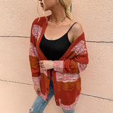 Women Pullover Knit Sweater Autumn and Winter Women's Striped Sweater Button Sweater Coat