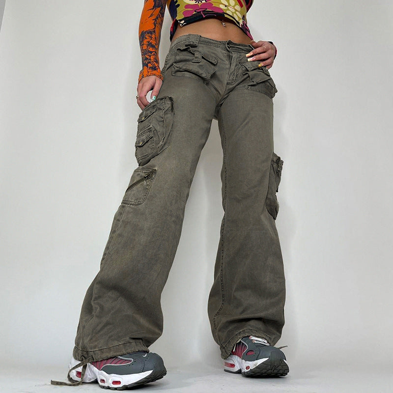 Julia Fox Low Rise Jeans Three-Dimensional Multi-Pocket Design Tooling Straight Casual Strap