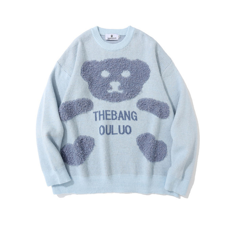 Men Sweater Towel Embroidery Cartoon Bear Knitwear Men High Street Fashion Brand Loose round Neck Sweater