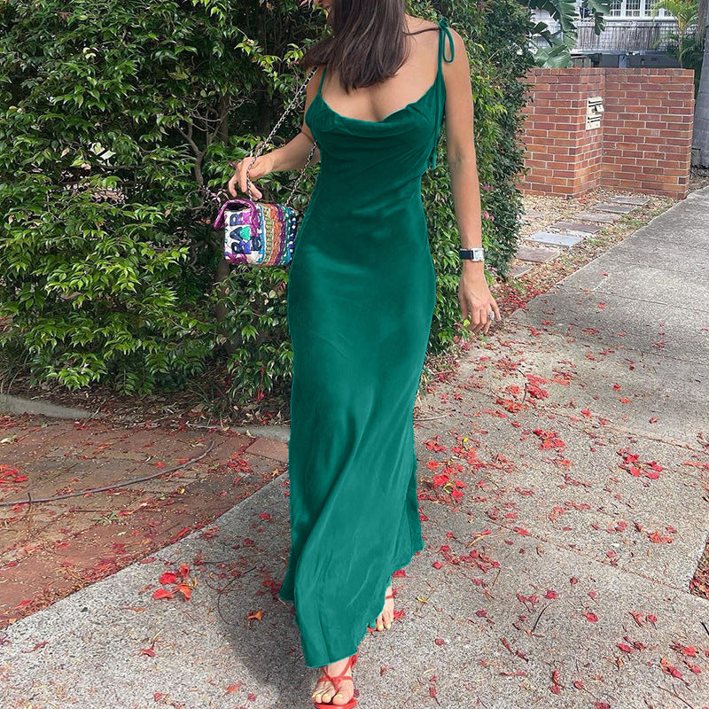 Emerald Green Dress Tied Spaghetti-Strap Metal Chain Backless Slit