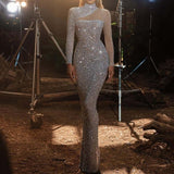 Long Homecoming Dresses European and American round Neck Slim-Fit Elegant Sequined Dress