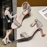 High Heels Slides Pearl Buckle Fashionable Chunky Heel Sandals