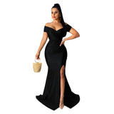 Kendall Jenner Wedding Guest Dress Sexy Nightclub V-neck Formal Dress Solid Color Large Slit Dress Short Sleeve