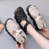 Highway Flat Sandals Summer Sandals Muffin Bottom Velcro Hand-Woven Genuine Leather Roman Shoes