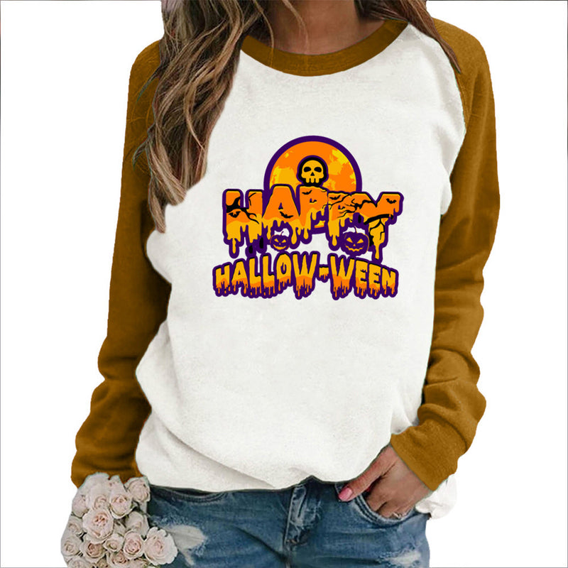Halloween Costumes Printing Capless round Neck Contrast Color Sweatshirt Women
