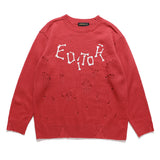 Men Sweater Letter Print Ripped Sweater Men's Loose round Neck Sweater