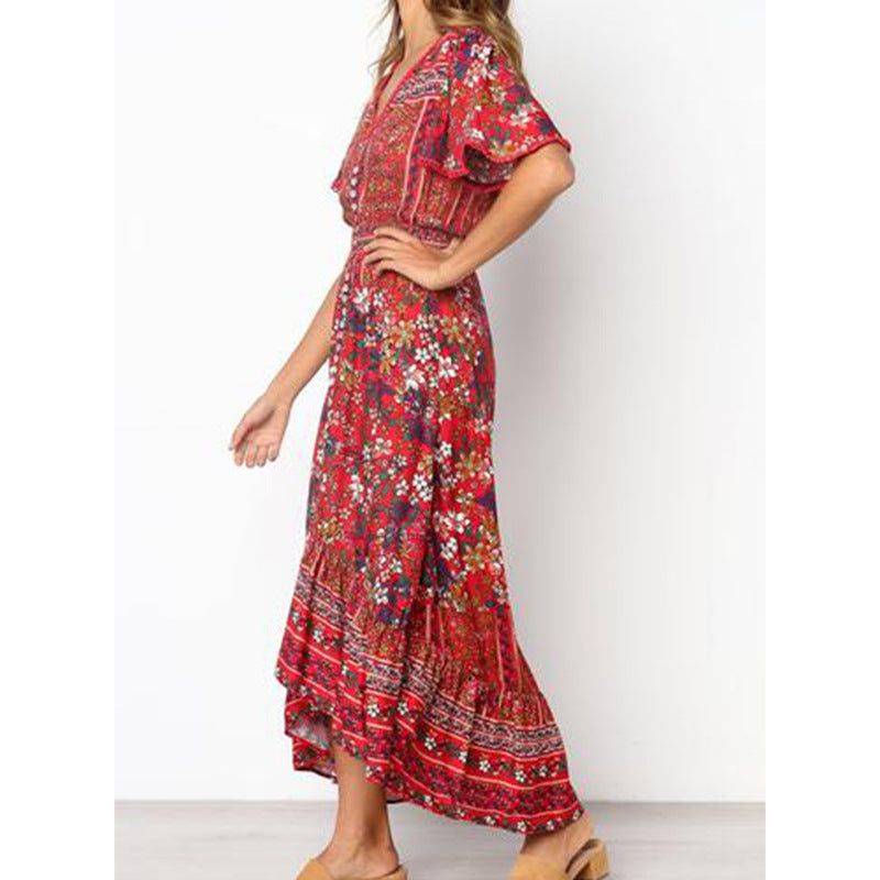 Gypsy Style Dresses plus Size Floral V-neck Bohemian Maxi Dress Irregular