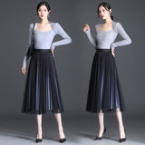 MIDI Mauve Skirt Autumn and Winter Mid-Length Bright Silk Pleated Gauze Skirt