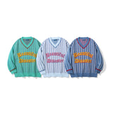 Men Sweater Letter Jacquard Striped Sweater Men's Loose V-neck Sweater Pullover