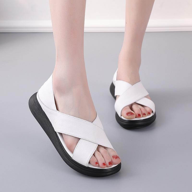 Highway Flat Sandals Summer Thick-Soled Leather Vintage Peep Toe Fashion Platform Height Increasing Wedge Sandals