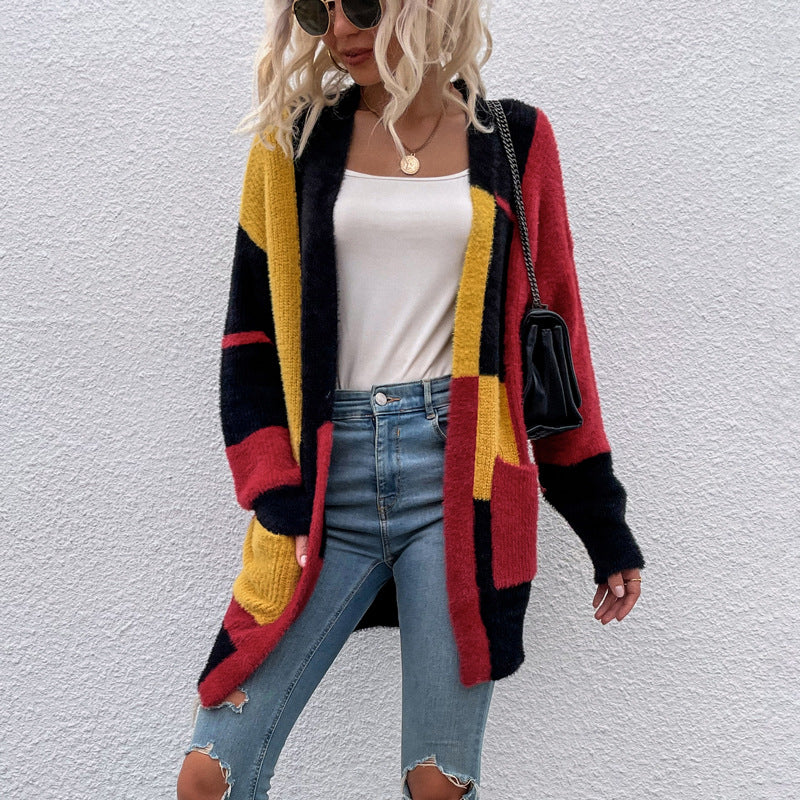Women Cardigan Knit Sweater Irregular Block Stitching Contrast Color Cardigan