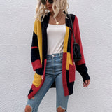 Women Cardigan Knit Sweater Irregular Block Stitching Contrast Color Cardigan