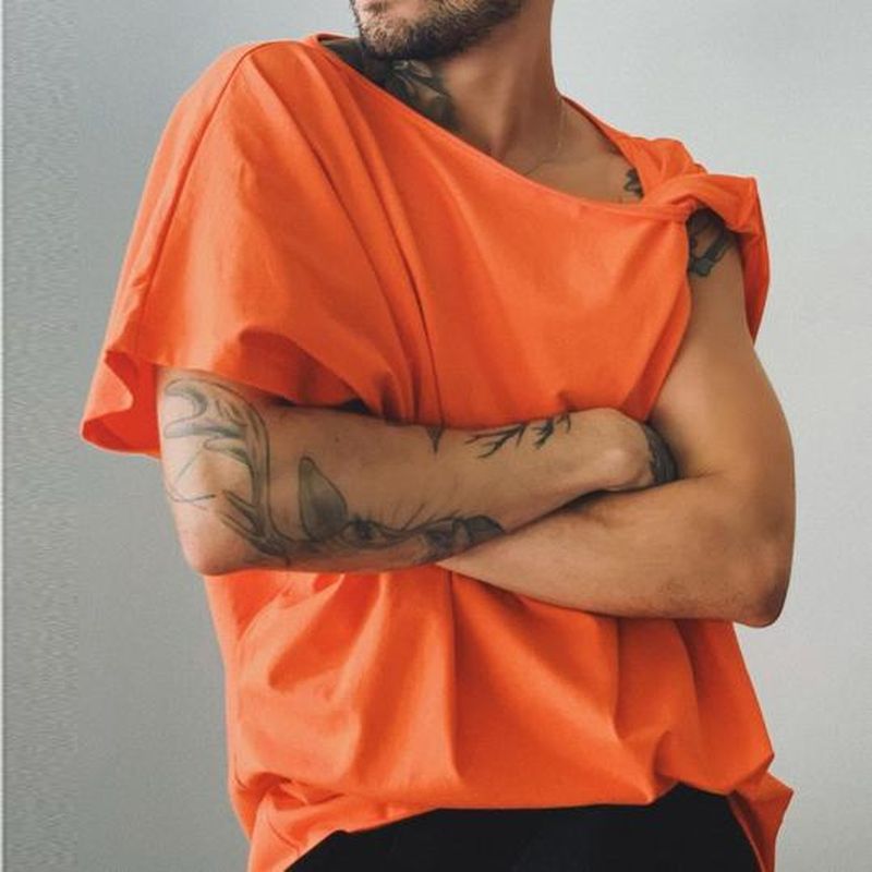 Rave Outfits Men T Shirt Personality Slant Shoulder Irregular Sleeve