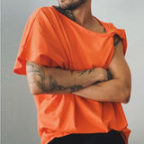 Rave Outfits Men T Shirt Personality Slant Shoulder Irregular Sleeve